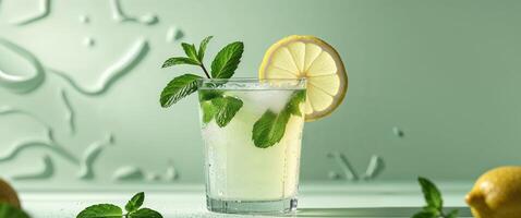 Refreshing lemonade in glass with mint and lemons on green background photo