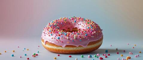Delightful Pink Frosted Donut with Colorful Sprinkles on a Soft Pastel Background. photo