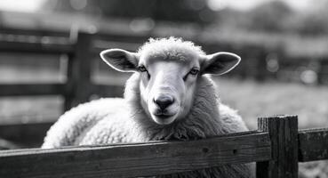 Sheep resting inside a pen at a farm during the day while looking curiously at the observer. photo