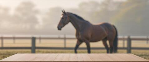 Empty Wooden Table with Blurred Horse in Paddock Background for Product Display photo