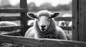 Sheep resting inside a pen at a farm during the day while looking curiously at the observer photo