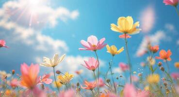 Colorful Wildflower Collage in Bright Sunlight with Blue Sky and Soft Focus Effect for Spring Vibes. photo