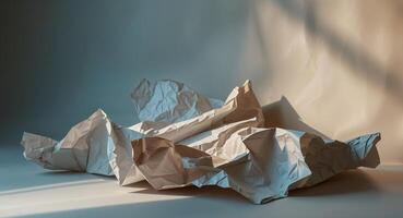 Crinkled paper in shades of blue beige and brown creates a textured and abstract background with deep shadows photo