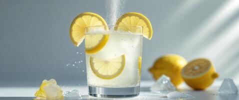Fresh Lemonade Splash in Glass with Ice Cubes and Lemon Slices Creating Refreshing Summer Beverage Experience. photo