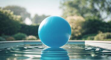 Blue inflatable ball floating in calm swimming pool water during sunny day with reflections on surface and blurred background of garden photo