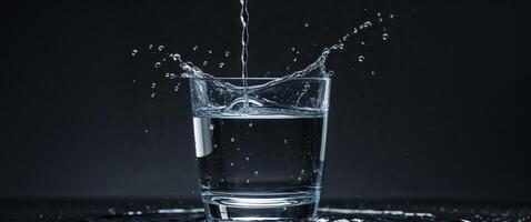 A glass of water is splashing water on a black background photo