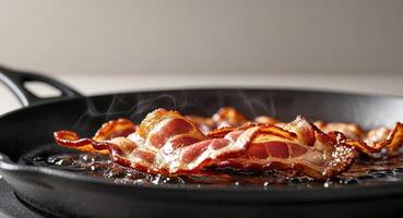 Delicious crispy bacon sizzling in its own fat on hot pan photo