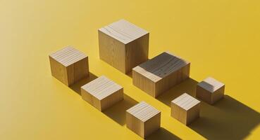 Abstract wooden blocks on bright yellow background for design concepts. photo