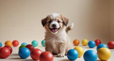 Adorable puppy smiling among colorful balls in playful setting. photo