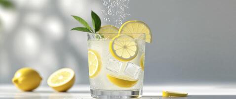 Fresh Lemonade Splash in Glass with Ice Cubes and Lemon Slices Creating Refreshing Summer Beverage Experience photo