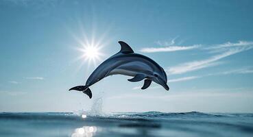 A dolphin leaps out of the ocean with clear skies and a bright sun in the background. photo