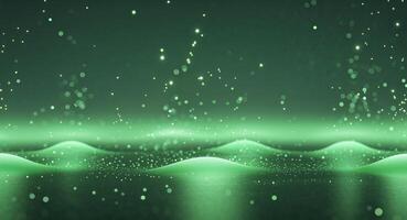 Soft green glow with scattered light particles on a reflective surface photo