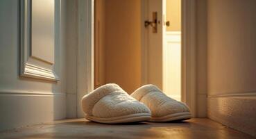Cozy slippers resting by a door in a warmly lit hallway inviting relaxation at home. photo