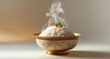 A bowl of rice with steam coming out of it photo