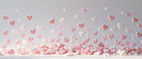A large group of pink and white hearts falling from the sky photo