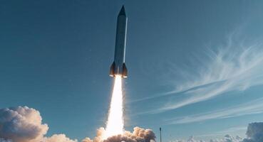 A rocket is taking off into the sky photo
