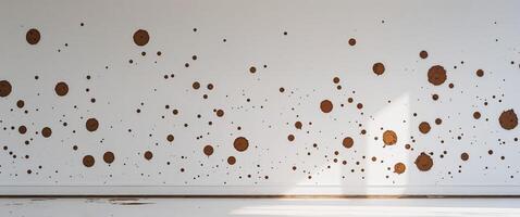 A room with a white wall and brown dots on it photo