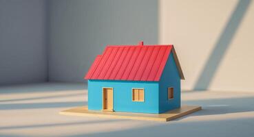 A small blue house with a red roof sitting on a table photo