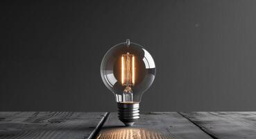 A light bulb on a wooden table photo