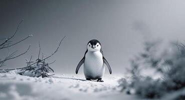 A penguin is standing in the snow photo