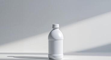 A white plastic bottle is sitting on a table photo
