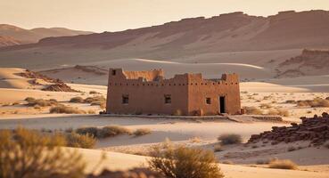 An old building in the desert with sand dunes photo