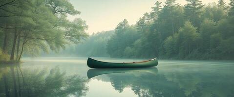 A canoe is floating on the water in a forest photo