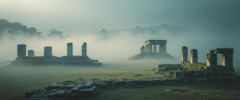 Ancient ruins in the fog with trees and mountains photo