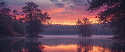 A beautiful sunset over a lake with trees photo