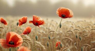 Red poppies in a field of wheat photo