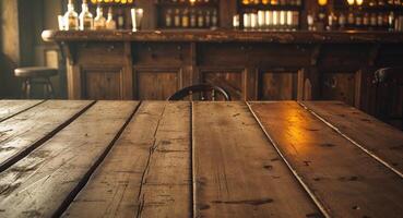 A wooden table in front of a bar photo
