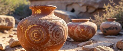Three vases with designs on them are sitting on the ground photo