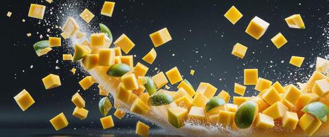 A mango being splashed with cubes photo