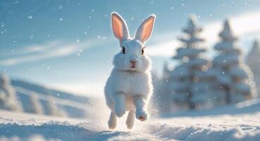 A white rabbit running through the snow photo