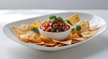 Fresh Tortilla Chips with Colorful Salsa on a White Plate for a Tasty Snack or Appetizer. photo