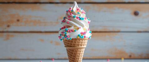 Vanilla Soft Serve Ice Cream Cone with Sprinkles on Wooden Background photo