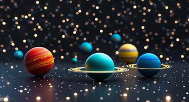 Colorful representation of planets in space with scattered lights in the background. photo