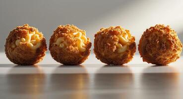 Four Fried Mac and Cheese Balls in a Row. photo