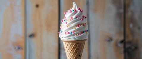 Vanilla Soft Serve Ice Cream Cone with Sprinkles on Wooden Background. photo