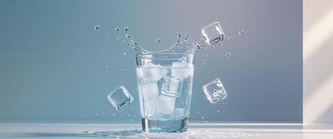 Iced Beverage with Ice Cubes Splashing in Commercial Setting. photo