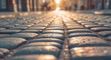 Warm sunlight illuminates cobblestone street creating a charming and rustic urban setting photo