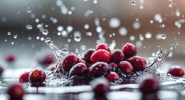 Cranberries are being splashed with water photo