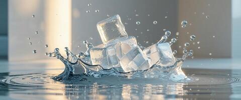 A dynamic display of ice cubes splashing water amidst glimmering reflections in a softly lit setting. photo