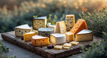 Assorted Cheese Platter Displaying Variety of Textures and Shapes on Wooden Board with Fresh Herbs in Background photo
