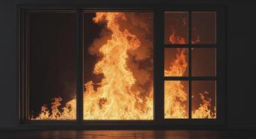 Flames engulf a room as a fire rages outside a large window in the evening light photo