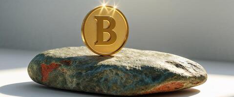 A gold coin with the letter B on it is laying on a rock. photo