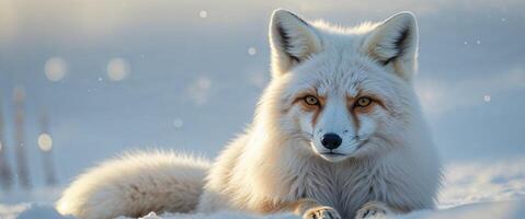 Cozy Arctic Fox Resting in Snow with Fluffy Fur Coat as Winter Wildlife Animal Scene Symbolizing Nature and Survival photo