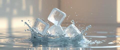 A dynamic display of ice cubes splashing water amidst glimmering reflections in a softly lit setting photo