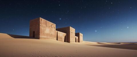 Mysterious structure emerges from desert sand under a clear night sky with glowing light. photo