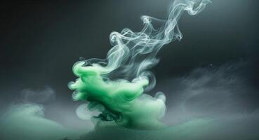 Green Smoke Wisps Swirling in Dark Atmosphere with Blank Space for Text Overlay and Creative Background Usage. photo